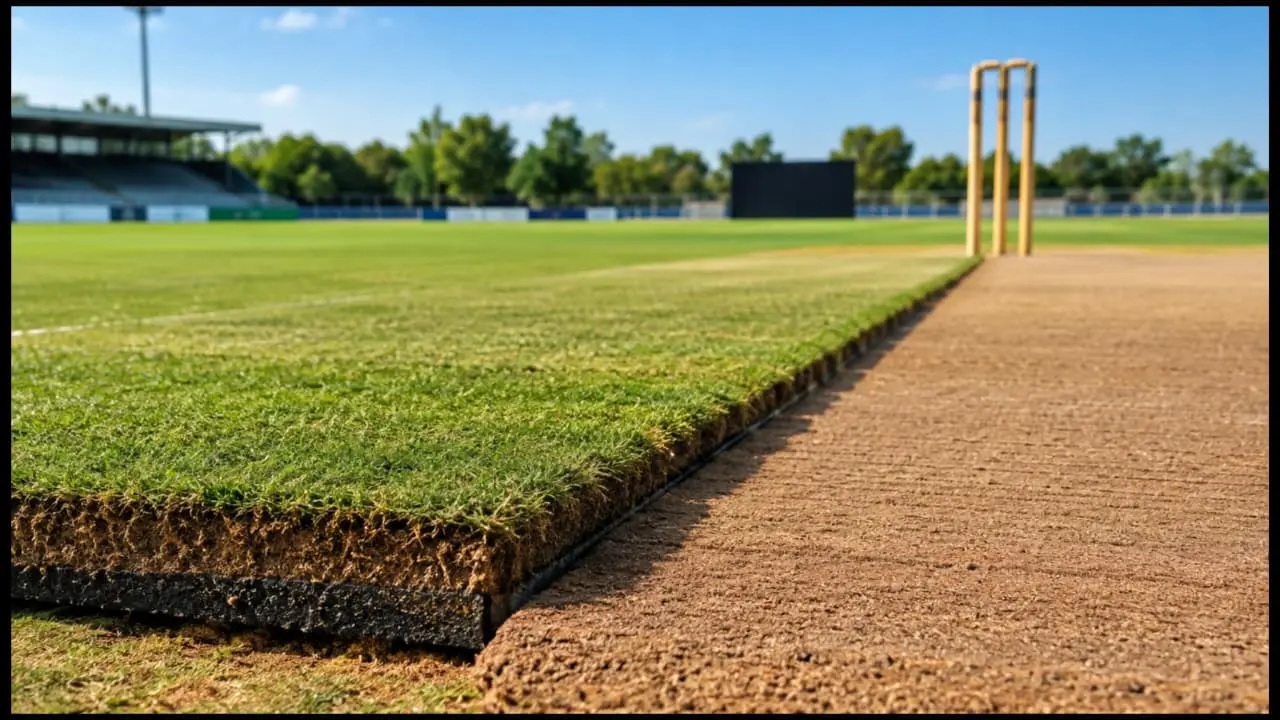 Drop-in pitch (ड्रॉप-इन पिच) in cricket stadium inside steel tray